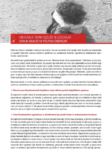 Mevsimlik Tarım İşçiliği ve Çocuklar Sorun Analizi ve Politika Önerileri Özet